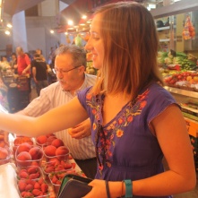 Getting our strawberries to go at the Boqueria Market.
